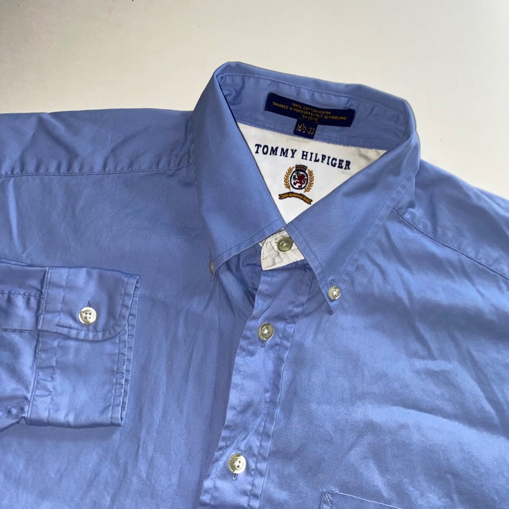 Tommy Hilfiger Mens Light Blue Cotton Button Down Shirt Crest Logo 16.5-33